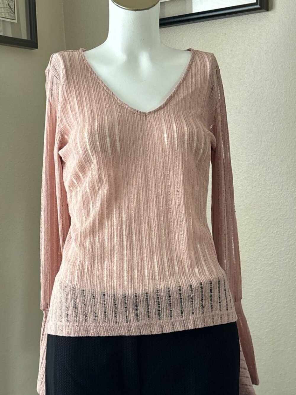 NWT Supertrash Blush Pink Sheer Pointelle Knit Bell Sleeve V-Neck Top Size XS